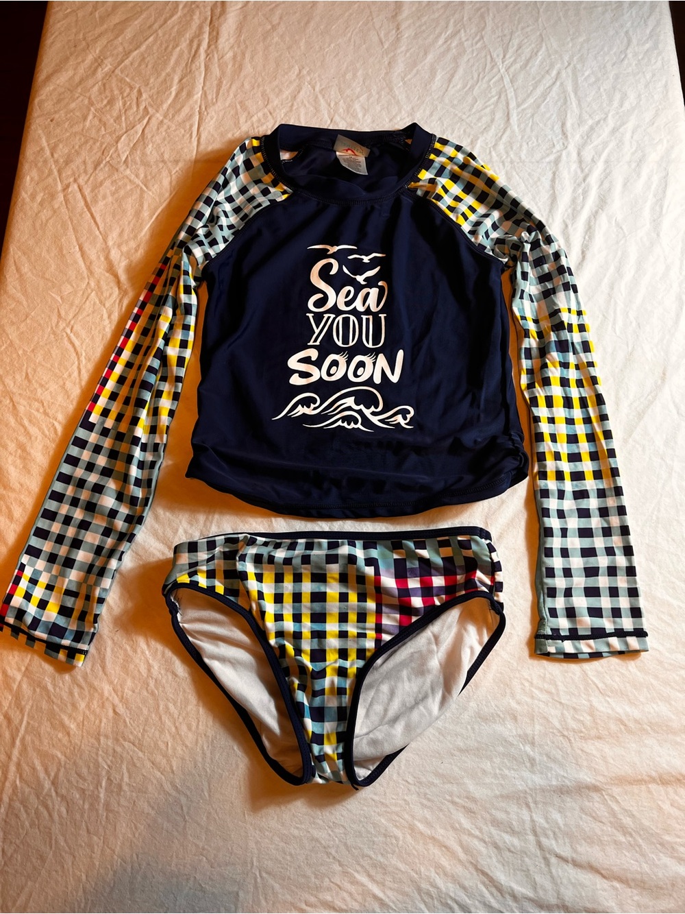 Nautica Navy Rash Guard Set with Yellow and Black Plaid Sleeves